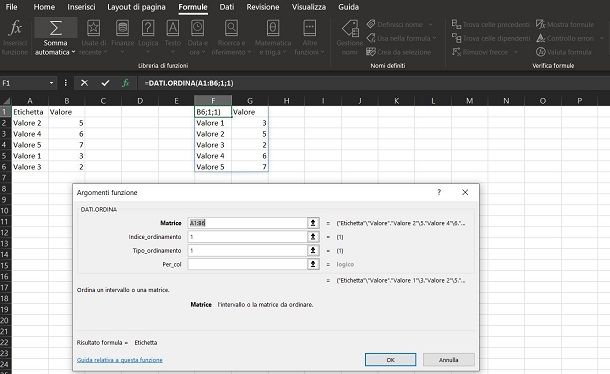 Come ordinare in ordine alfabetico con formule Excel