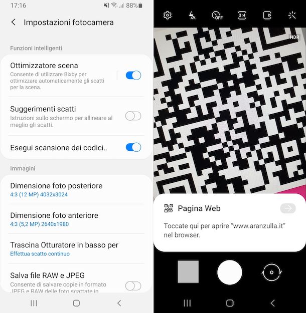 Funzione predefinita scansione codici QR Samsung