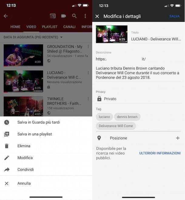 Rendere privato un video YouTube da app