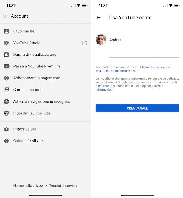 Creare canale YouTube da mobile