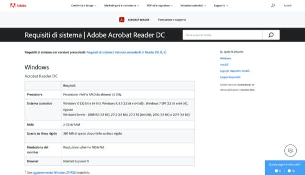 Adobe Reader requisiti