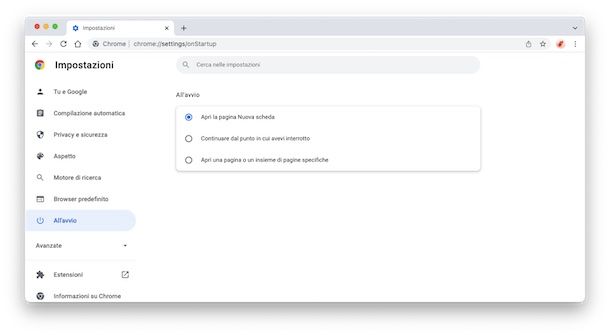 Impostazioni pagina iniziale Chrome su PC
