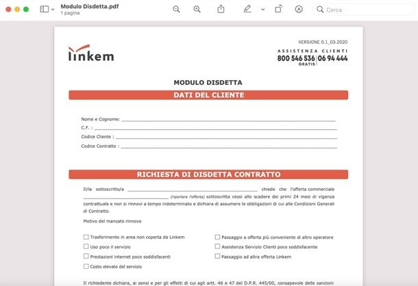 Modulo disdetta Linkem abbonamento