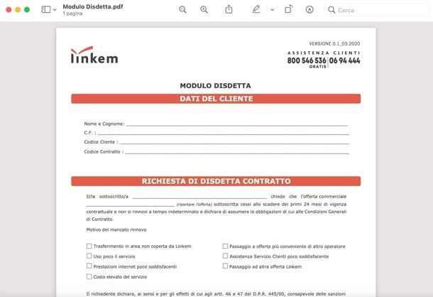 Modulo disdetta Linkem abbonamento