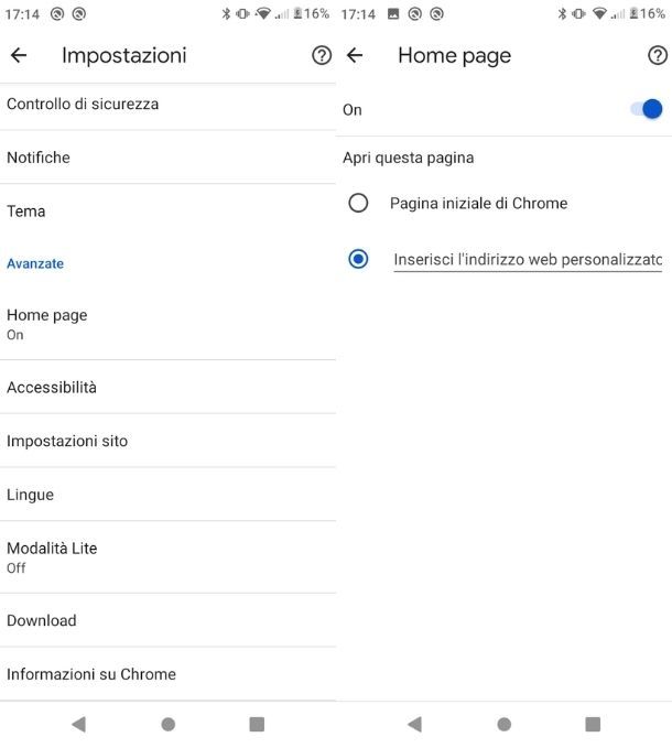 Impostazioni Home page Chrome Android