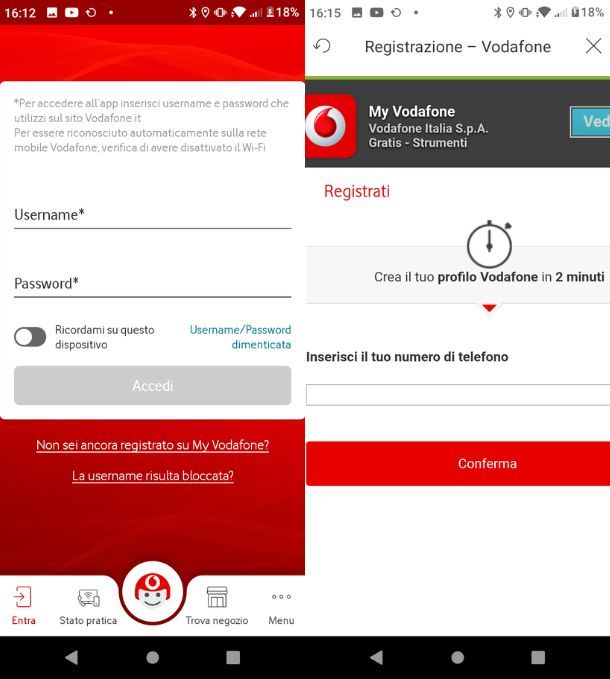 Registrazione con app My Vodafone