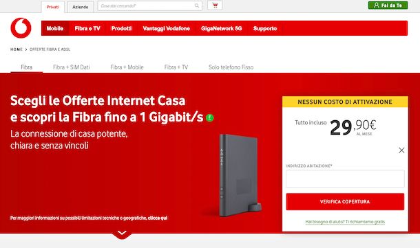 Verifica copertura fibra Vodafone