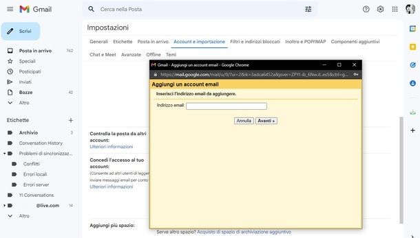 Aggiunta account posta Gmail browser PC