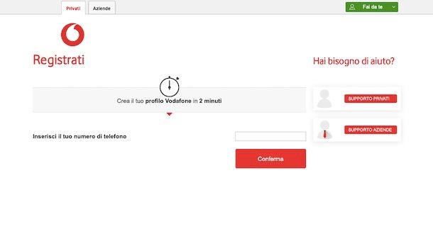 Registrazione tramite sito Vodafone