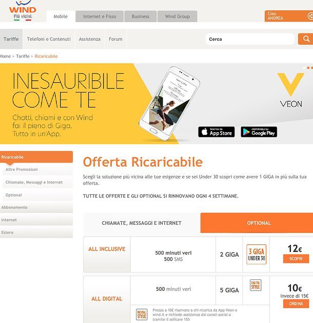 Tariffe Wind ricaricabili
