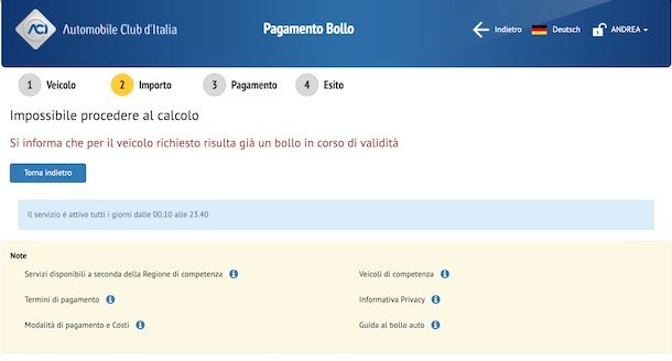 Pagamento bollo ACI