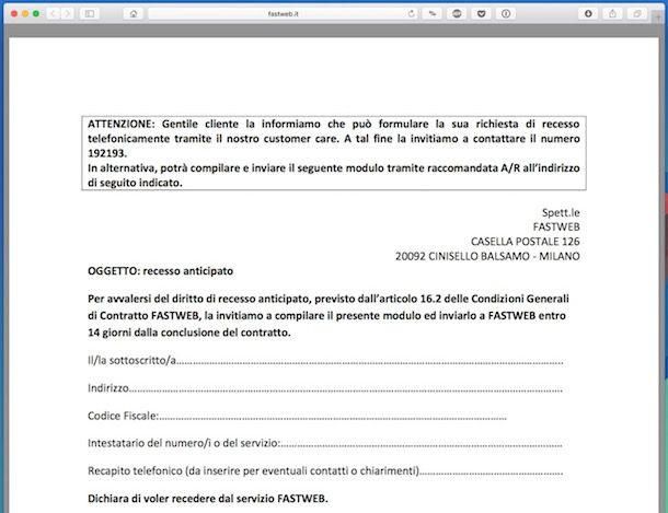 Disdetta contratto Fastweb