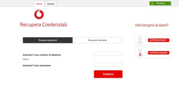 Recupero credenziali account Vodafone