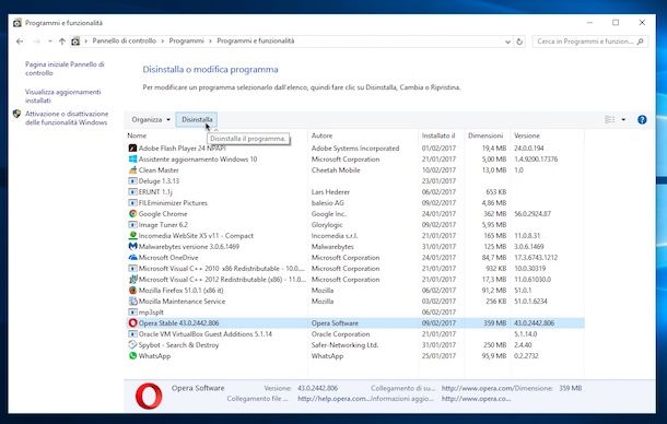 Come disinstallare programmi Windows 10