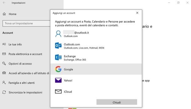 Aggiungere account Google su Windows