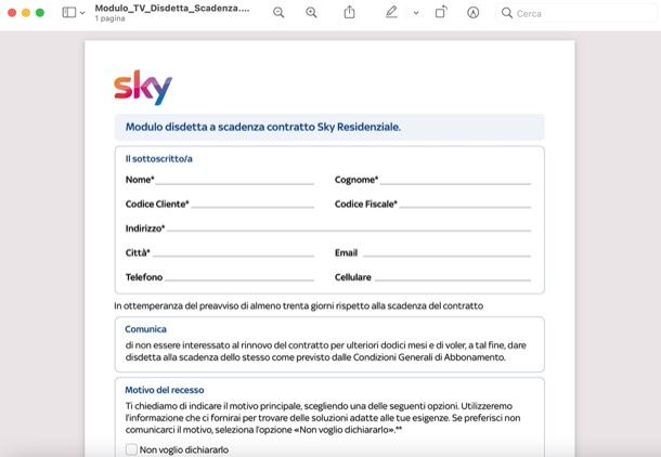 Modulo disdetta Sky dopo 14 giorni