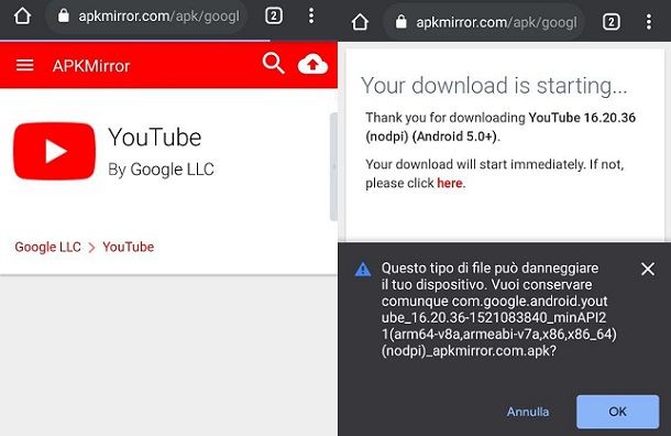 Come aggiornare YouTube senza Play Store