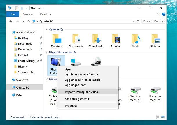 Screenshot che mostra come importare le foto dall'iPhone sul PC
