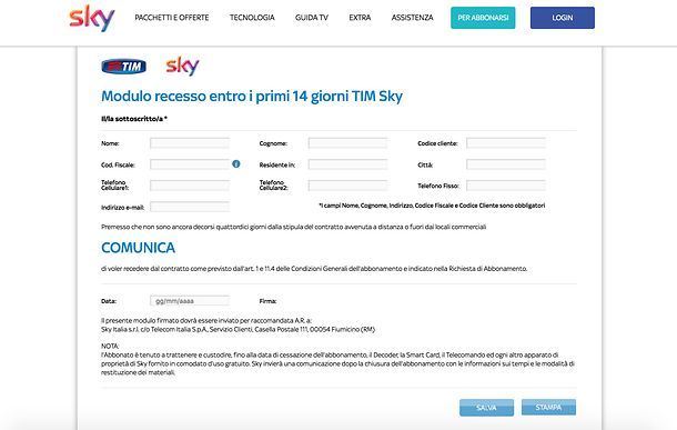 lettera disdetta sky da