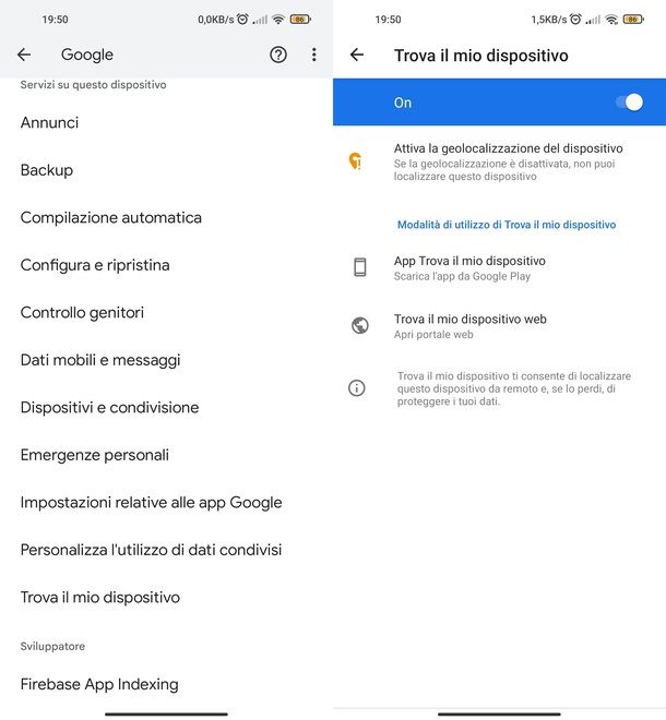 Impostazioni Android Trova il mio dispositivo