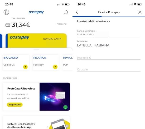 Ricarica dall'app Postepay