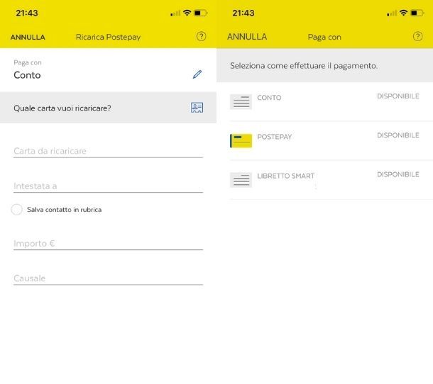 Ricarica da Libretto Smart app BancoPosta