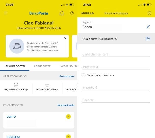 Ricarica dall'app BancoPosta