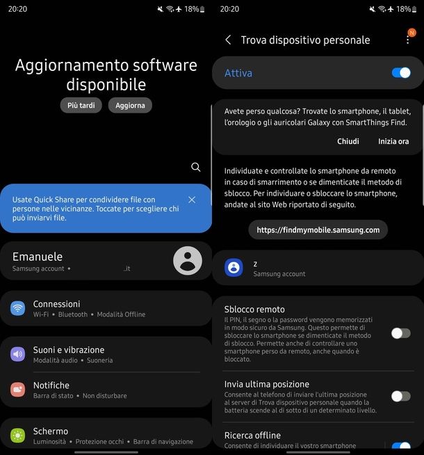 Impostazioni Android Samsung Trova dispositivo personale