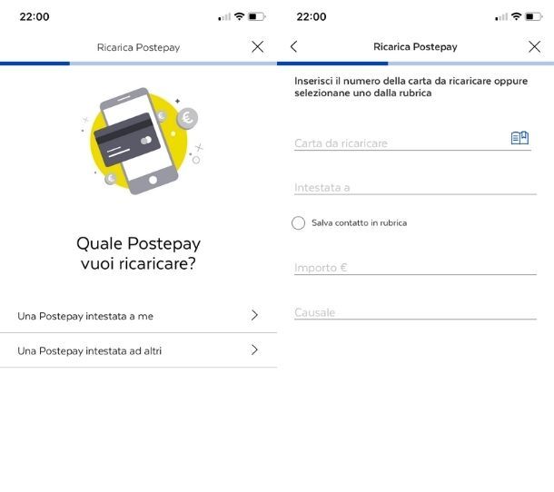 Ricaricare Postepay di un altro con app 