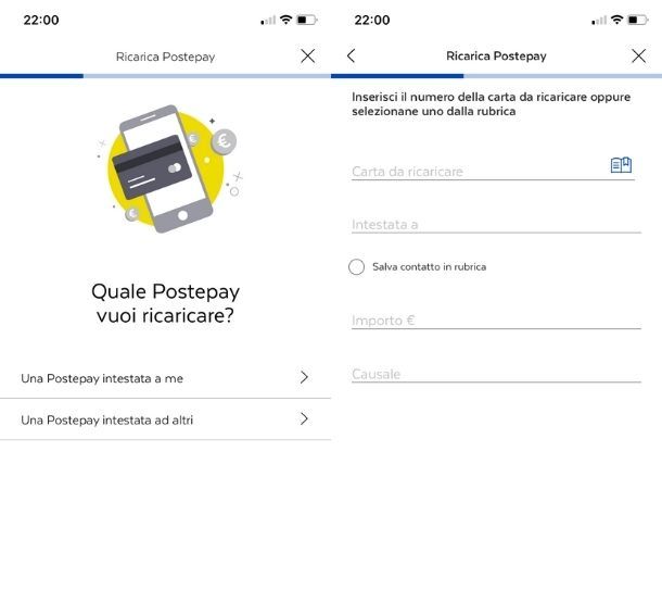 Ricaricare Postepay di un altro con app 