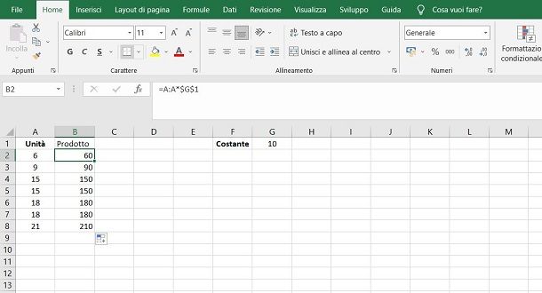 Come moltiplicare tutte le celle per una costante in Excel