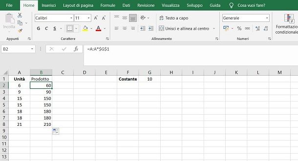 Come moltiplicare tutte le celle per una costante in Excel