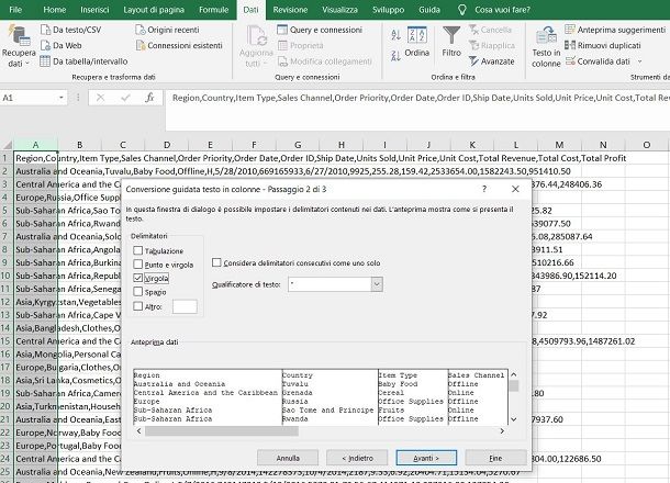 CSV in tabella in Excel