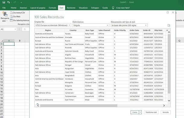 Importazione CSV Excel