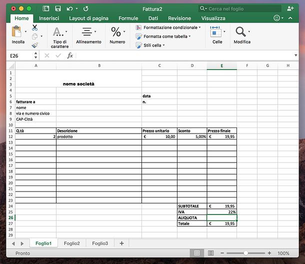 Modello Fattura Excel Salvatore Aranzulla