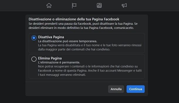 Come chiudere una pagina Facebook dal PC