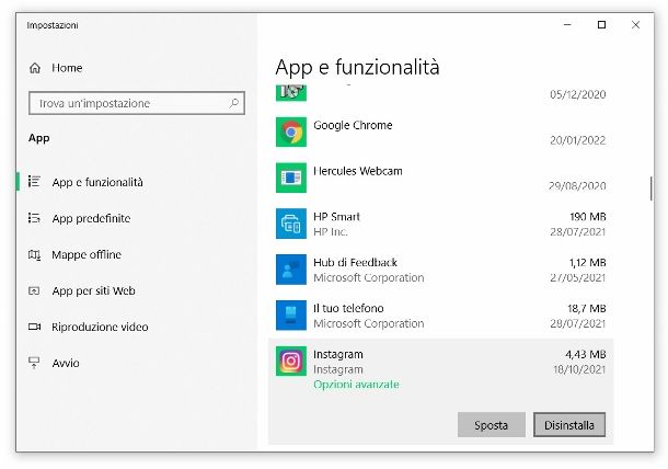 Disinstallare programmi Windows 10