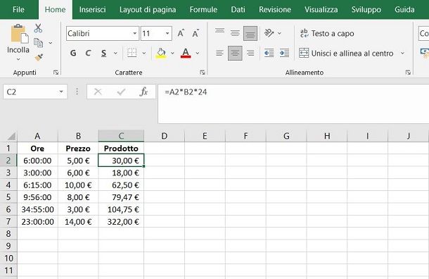 Come moltiplicare ore per euro in Excel