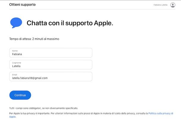 Chat supporto Apple