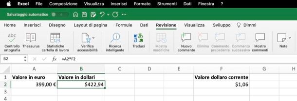 Euro in dollari su Excel