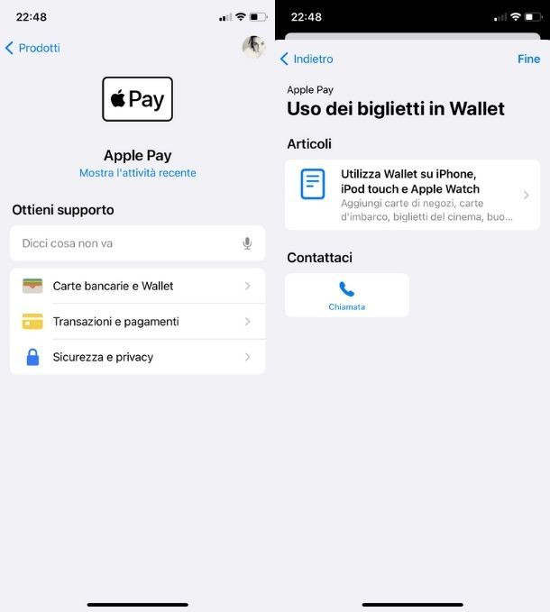 Contattare Apple Pay via App Supporto