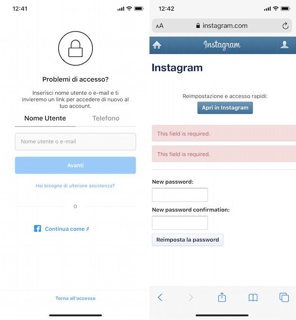 Come recuperare password Instagram con email