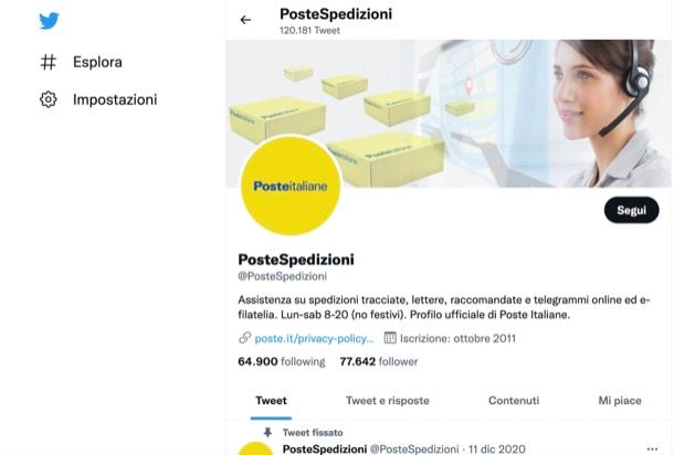 Account Twitter PosteSpedizioni 