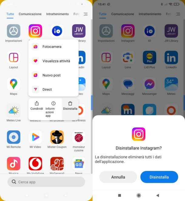 Disinstallare Instagram