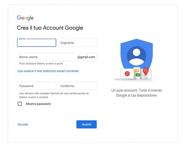 Creazione account Google
