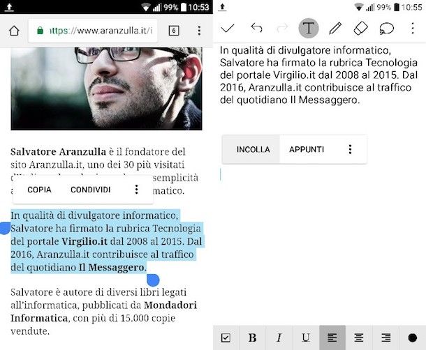 Copia e incolla su Android