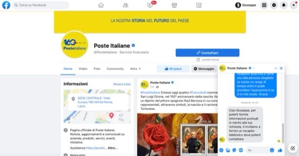 Pagina Facebook di Poste Italiane