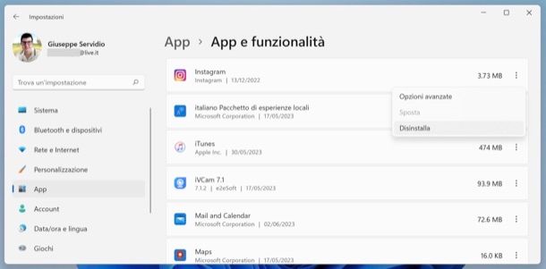 Disinstallare app Instagram Windows 11