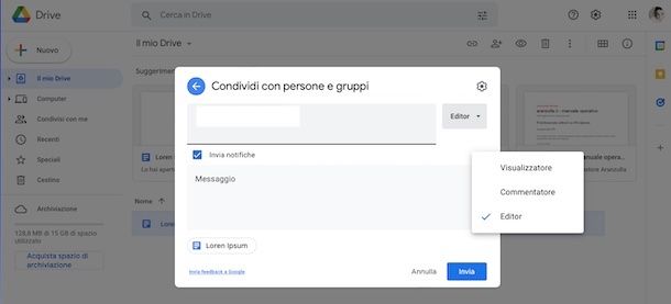 Condividere elementi su Google Drive