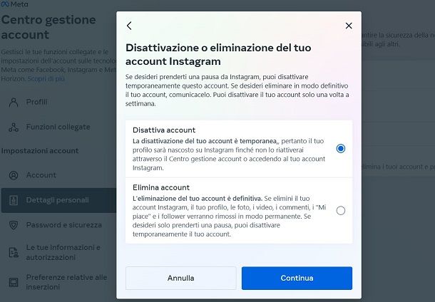 Come eliminare profilo Instagram da PC